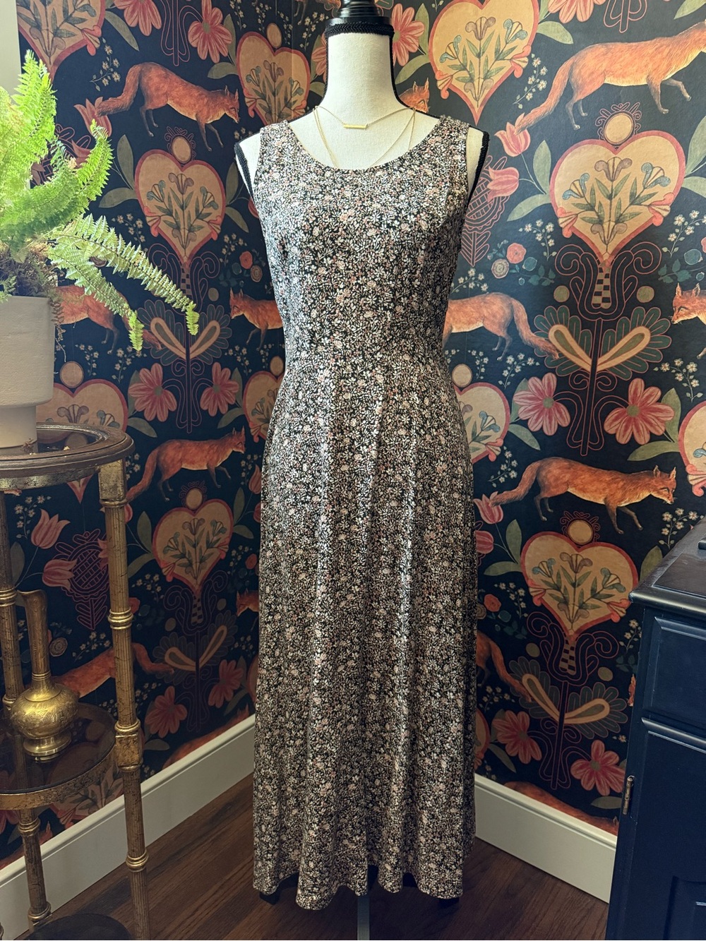 Vintage 90s Floral Midi Dress Lace Up Back Black Cream Ditsy Slip Grunge